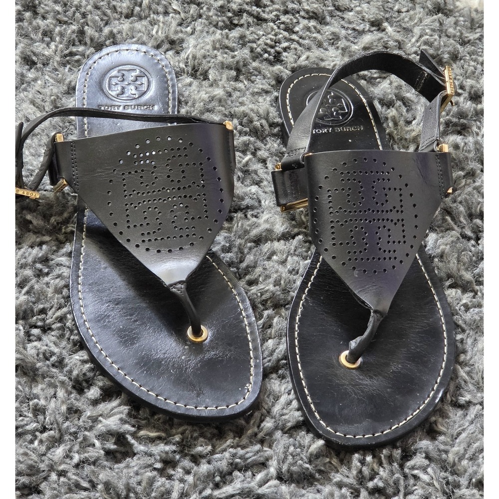 Tory Burch Black Leather Slip On Thong Cork Wedge Summer Sandals Sz 9M
